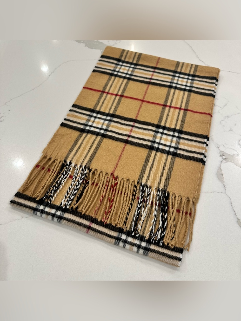 V. Fraas Cashmink Plaid Scarf Tan Red Black Fringed Made In Germany Soft Vintage